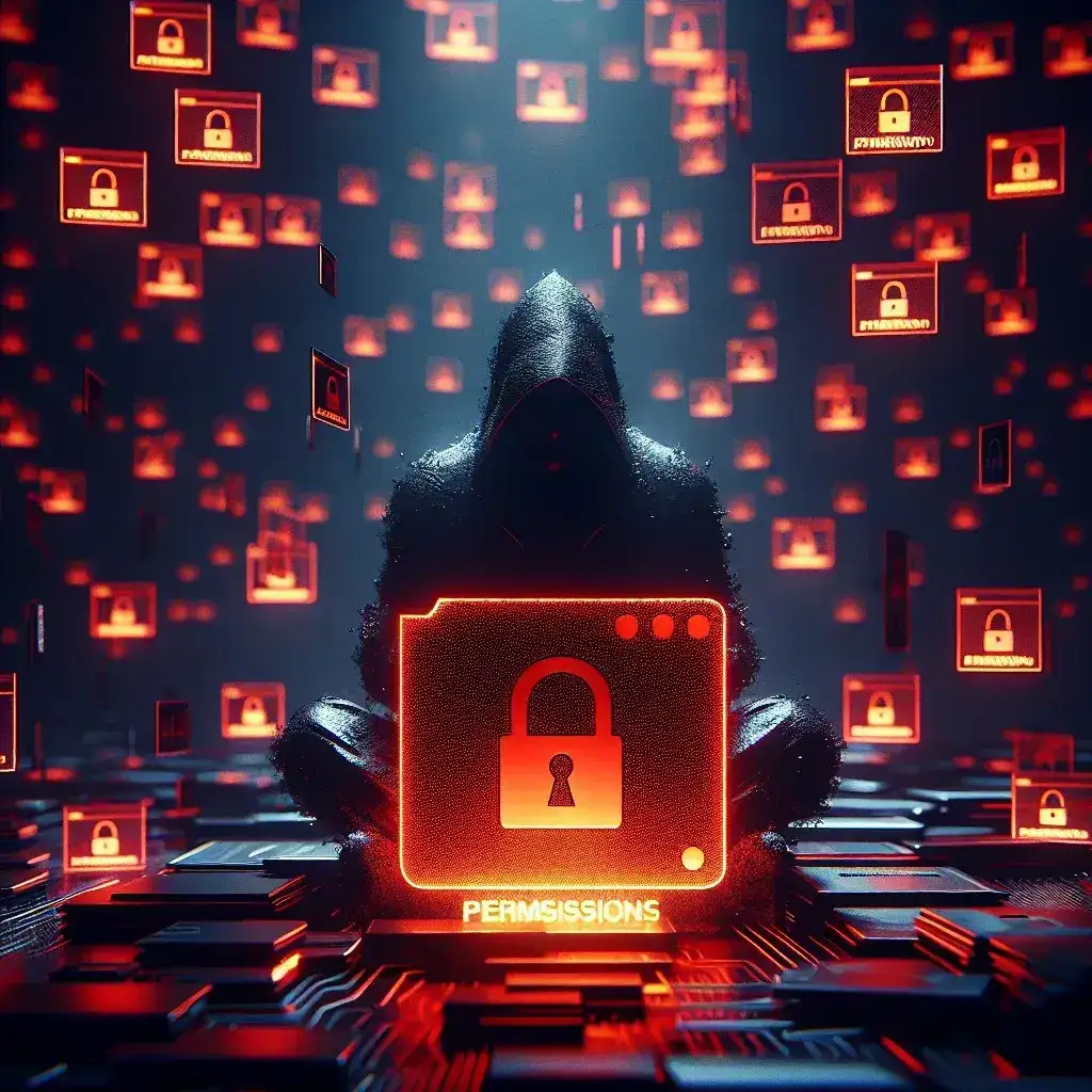 "Illustration showing a hacker manipulating file permissions on a computer screen, representing unauthorized access techniques in cybersecurity."